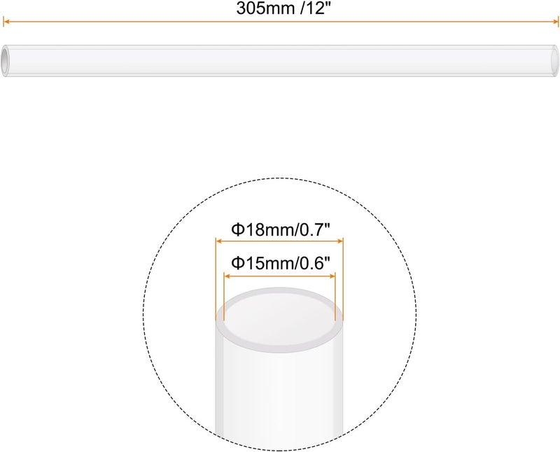 Rebower 12" Clear Plastic Rigid Pipe 15mm x 18mm(0.6" x 0.7") Acrylic Tube Round Polycarbonate Tubing, [for Plumbing, Hydraulics, Aquarium, DIY] - 2Pcs - Image 2